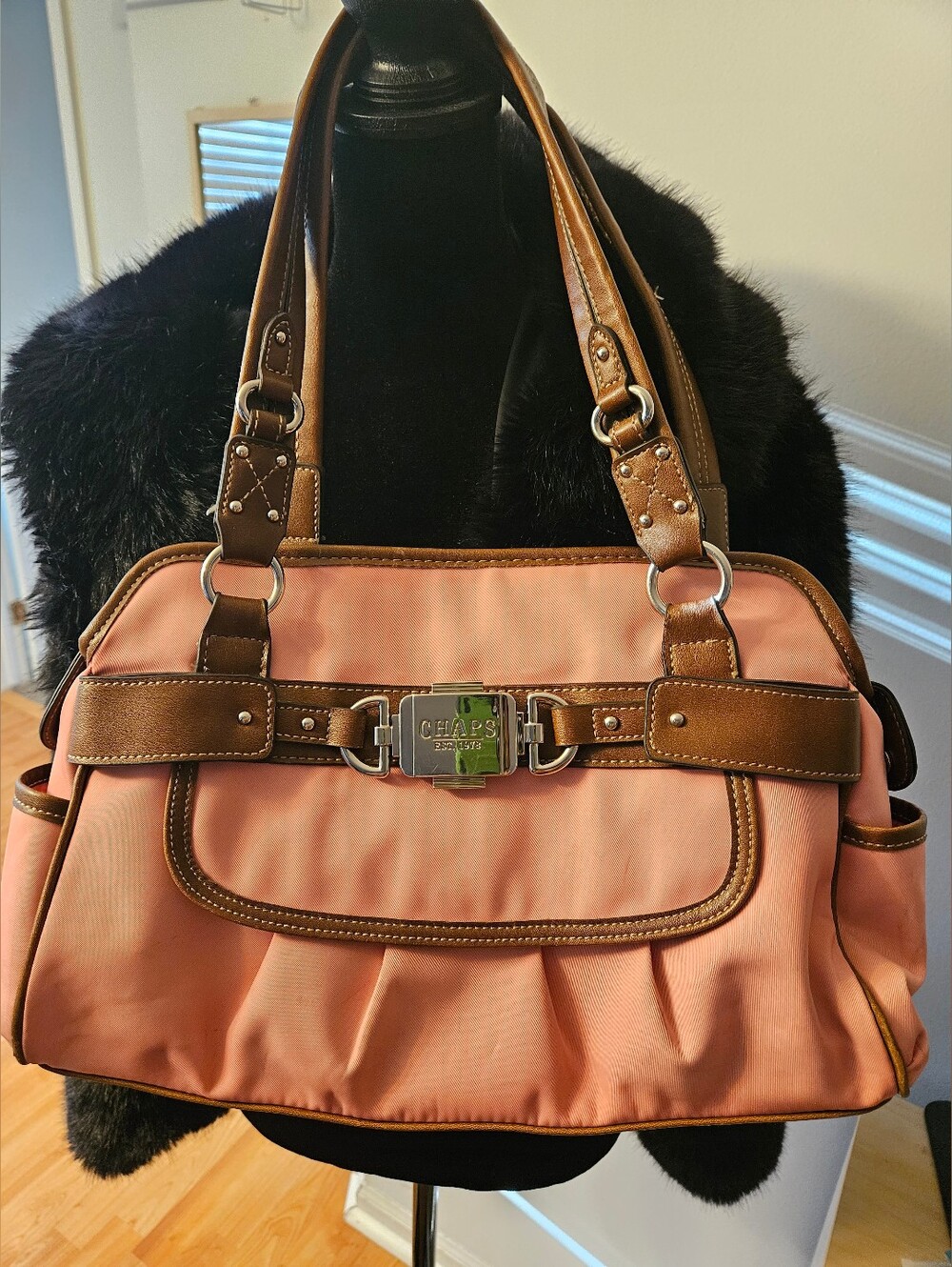 Vintage Chaps Y2K Pink Nylon & Brown Faux Leather Shoulder Bag